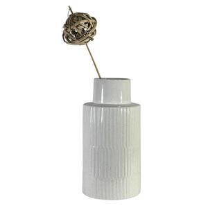 White Ribbed Ceramic Farmhouse Vase with Decorative Stem 12" Tall